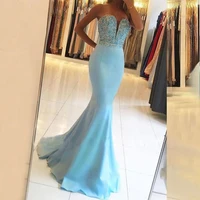 sky blue long evening dresses mermaid satin lace appliques beaded evening formal party gowns robe de soiree vestidos