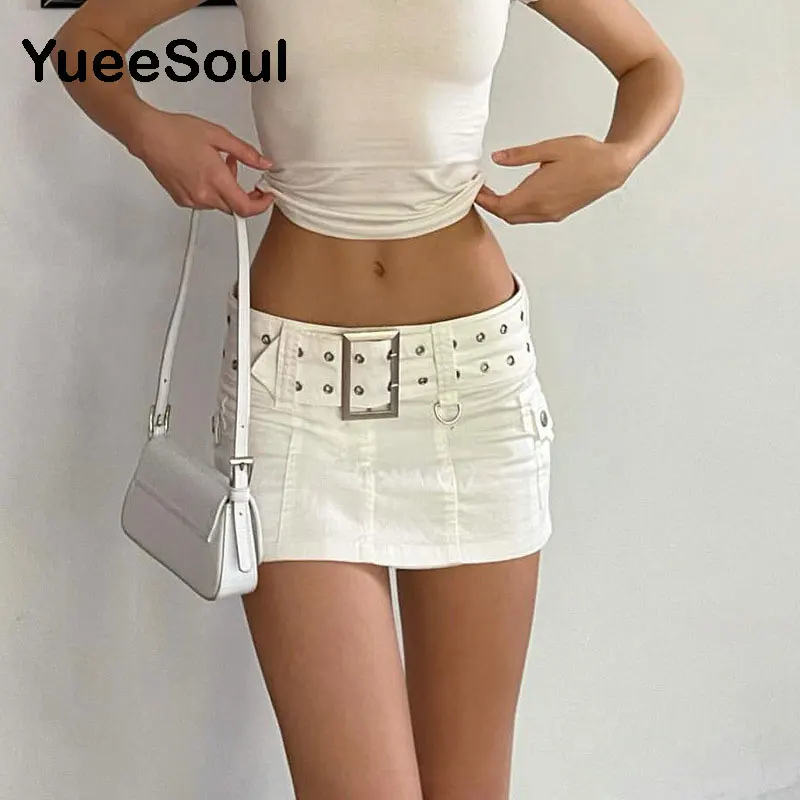 

Y2K Aesthetics Basic Belted Low Waist Micro Skirts 2000s Fashion Sexy Pockets White Denim Skirt Cute Bottoms Clubwear