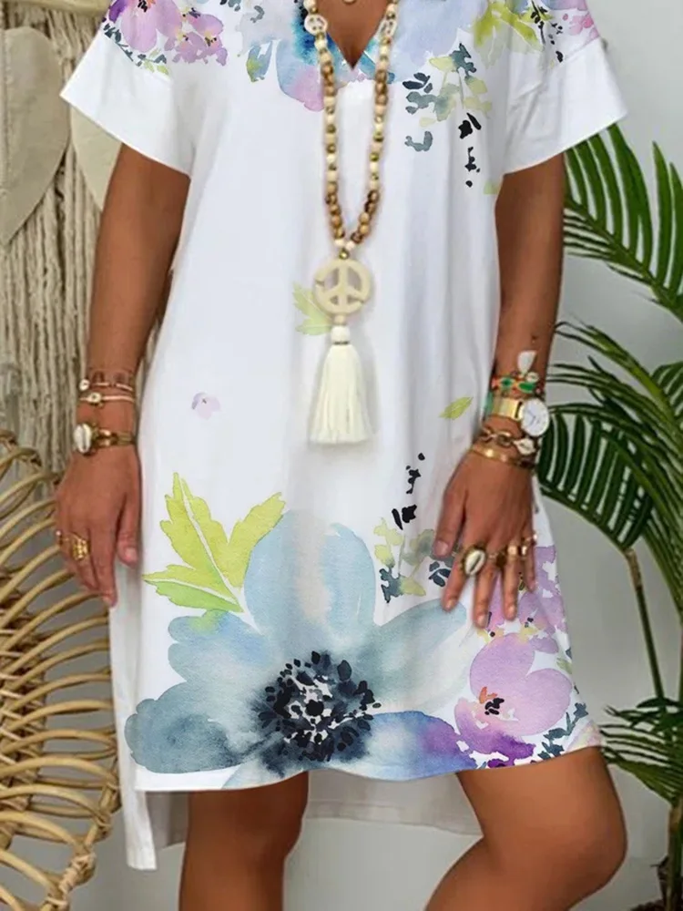 

V Neck A-Line Loose Dress Loose Large Size Fasion Dress Hot Selling 2021 Women's Dress New Summer Short Sleeve Printed Skirt