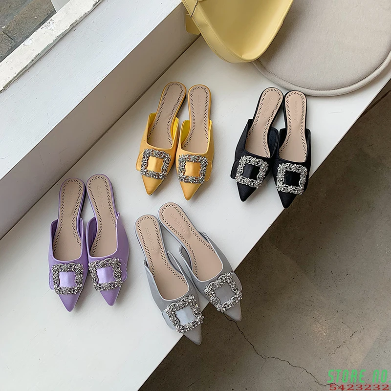 

2020 Summer/Autumn Women Slippers Rhinestone Shallow Design Elegant Flats Slip On Shallow Design Mules Shoes Casual Ladies Mules
