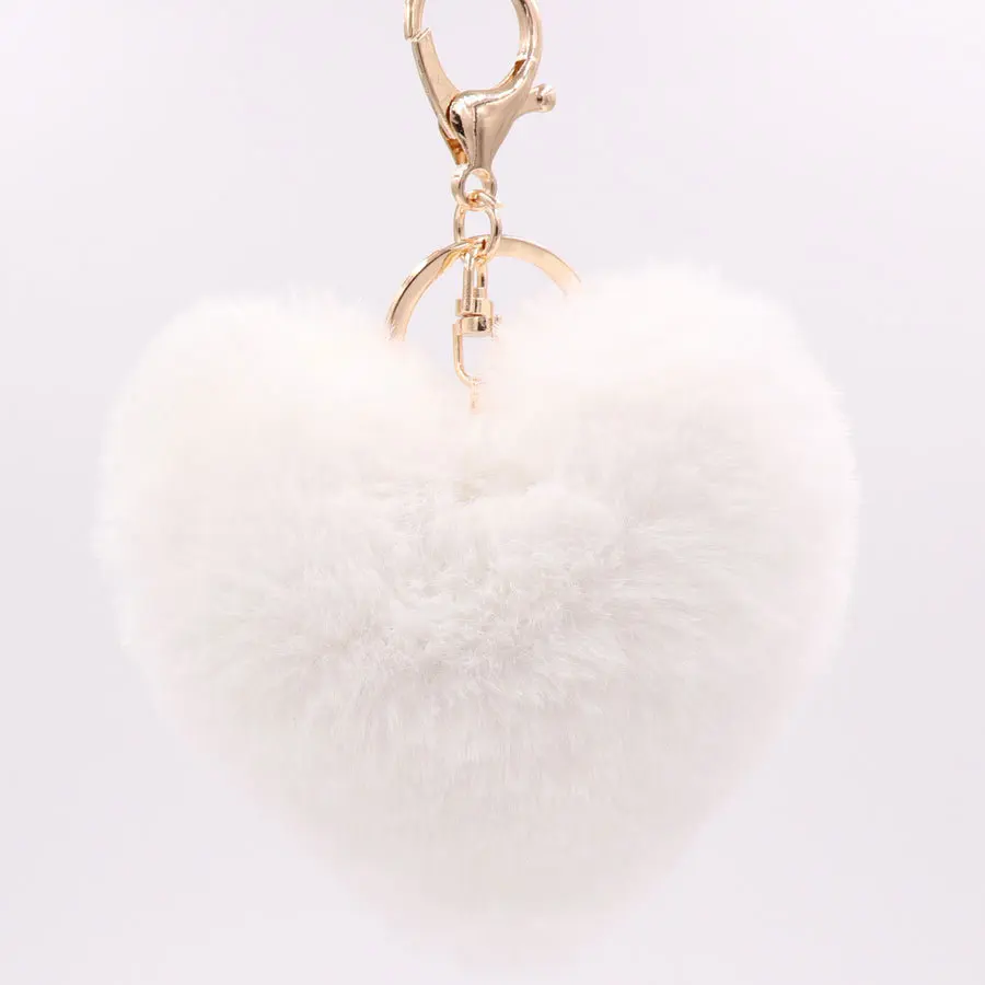 

Solid Color Fluffy Heart Keychains Women's Pom Poms Faux Rex Rabbit Fur Key Ring Girl Bag Hang Car Key Chain Jewelry Portachiavi