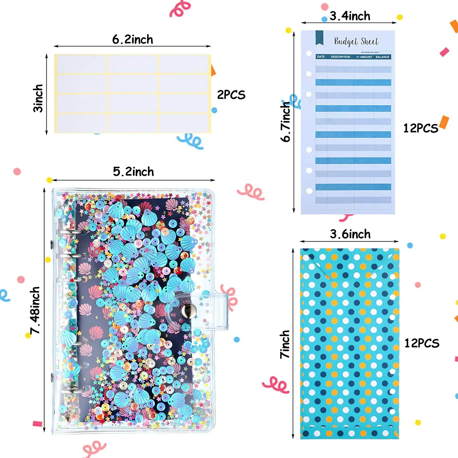 

A6 Binder Budget Cash Envelopes System Budget Planner Organizer 6 Ring Notebook Refillable with Shiny Sequins