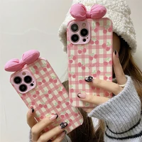 cute cartoon cherry 3d pink bow soft phone case for iphone 13 12 11 pro max cover for iphone x xr xs max 7 8 plus fundas coque