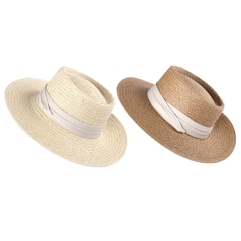 

Women Summer Woven Straw Banded Sun Hat Holiday Vacation Flat Wide Brim Sunscreen Casual Outdoor Boater Beach Jazz Cap
