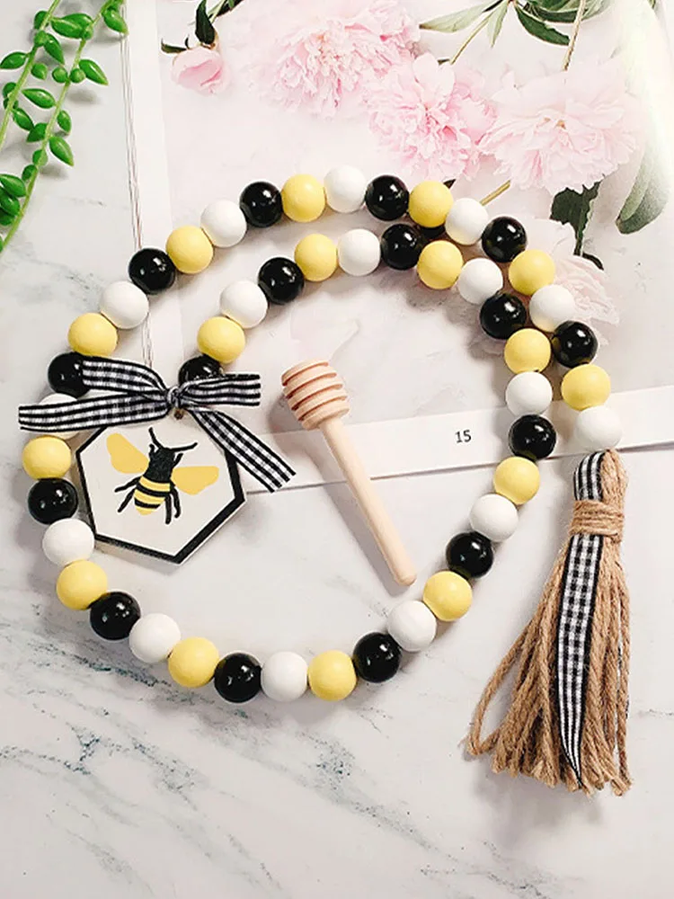 

6pcs Multiple Patterns Set Wood Bead Garland with Tassels Honey Bee Home Living Room Ornament Folk Art Wall Hanging Decoration