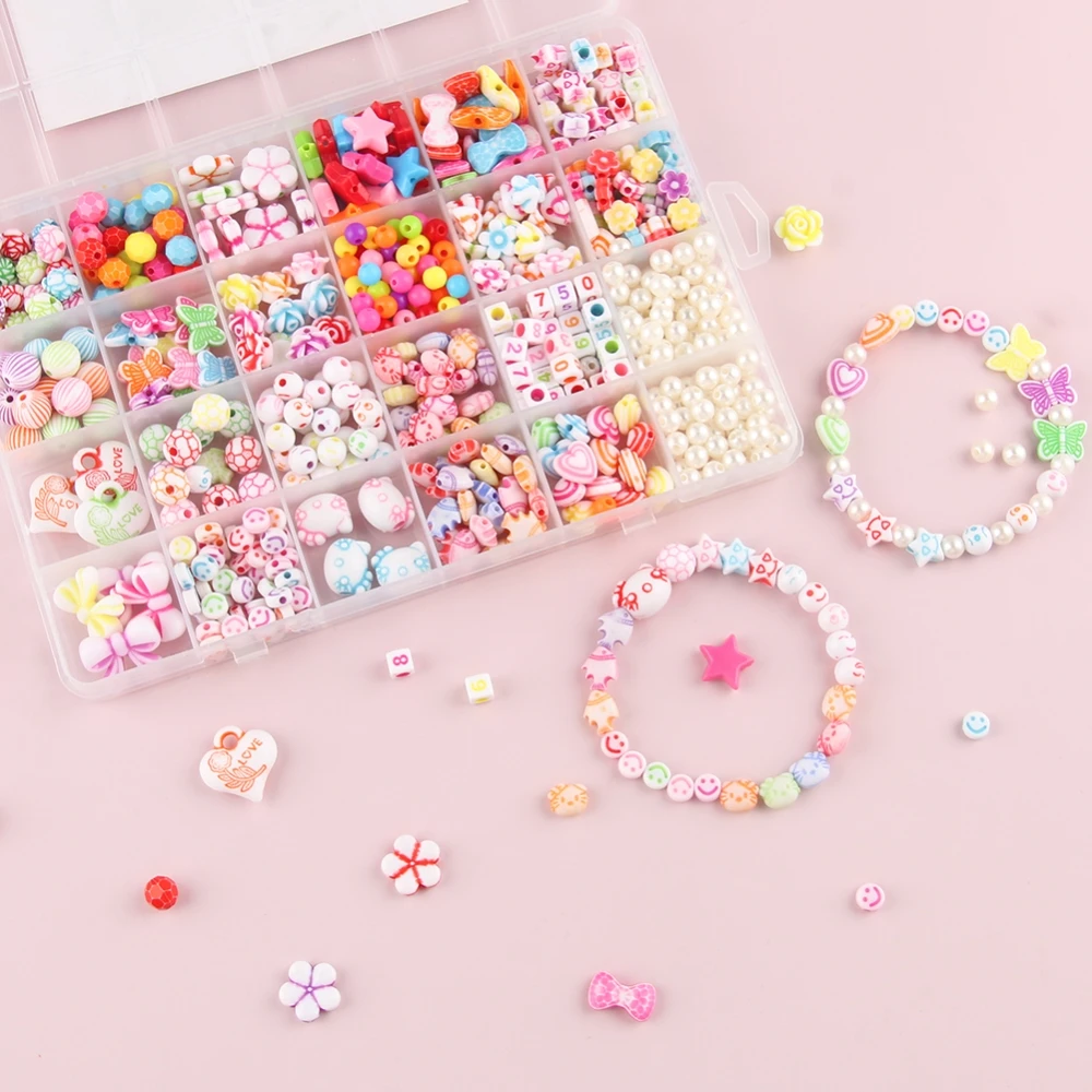 

550pcs Mix White Acrylic Beads Kits Craft Beads For Jewelry Making Kits Kids Girls Bracelet Necklace Hair Ring Handmade DIY Sets