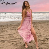 colysmo summer chiffon dress print backless tie up lining stretch side split pink dress woman sexy casual vacation vestidos 2021