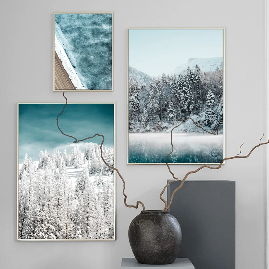 

Winter Snow Forest Birch Bird Lake Bridge Nordic Posters and Prints Wall Art Canvas Painting Pictures for Living Room Home Decor