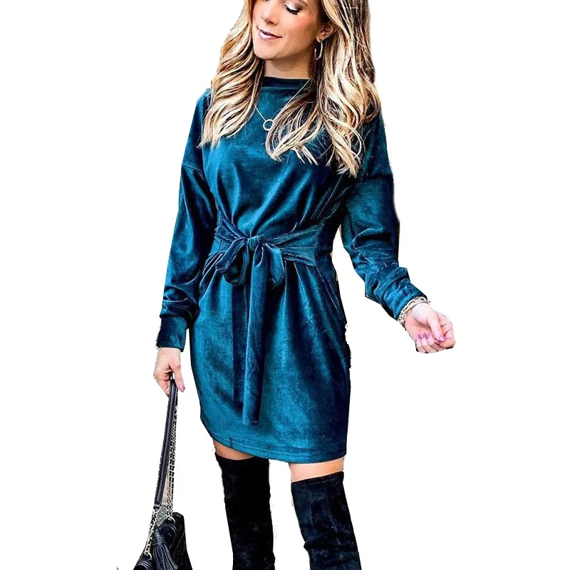 

Women Round Neck Velvet Party Dress Autumn Elegant Long Sleeve Mini Dresses Casual Tie-Up Bowknot Belt Loose Sweatshirt Dress
