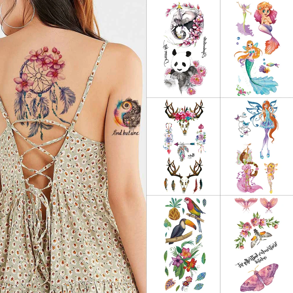 Временные наклейки для тату с цветами и бабочками 3D принцесс Русалочки