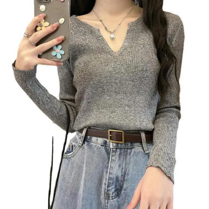 

French Style Knitted Pullover Thin Sweater Women Spring Autumn Casual V-Neck Sweater Black White Gray Jumper Top Female Clothing