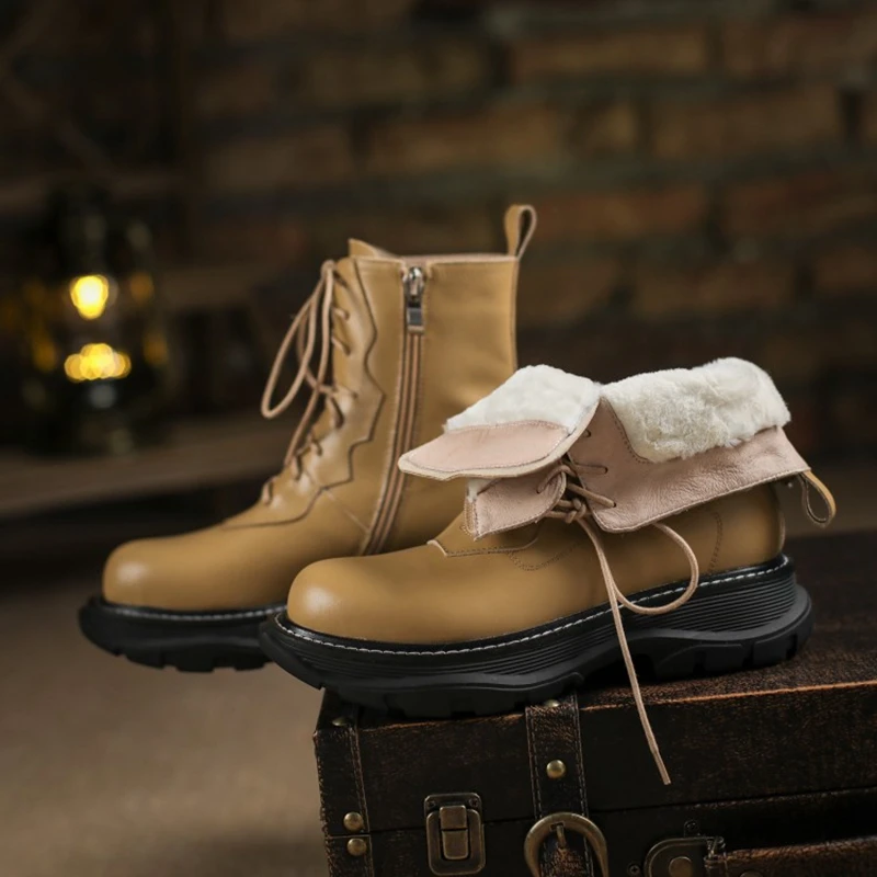 

ORCHA LISA Plus Size 34-43 Women Genuine Leather Fur Snow Boots Lace Up Round Toe Platform Winter Warm Plush Shoes Lady 2021