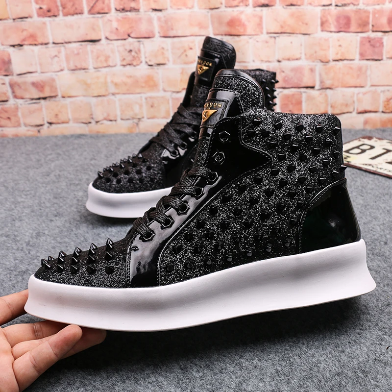 Luxury rivet designer sneakers men's shoes high-top gold red light sole casual platform zapatillas hombre punk | Обувь