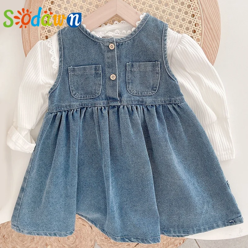 

Весенне-осенний комплект для девочек Sodawn, белая рубашка + джинсовое платье, комплект детской одежды из 2 предметов, повседневный костюм