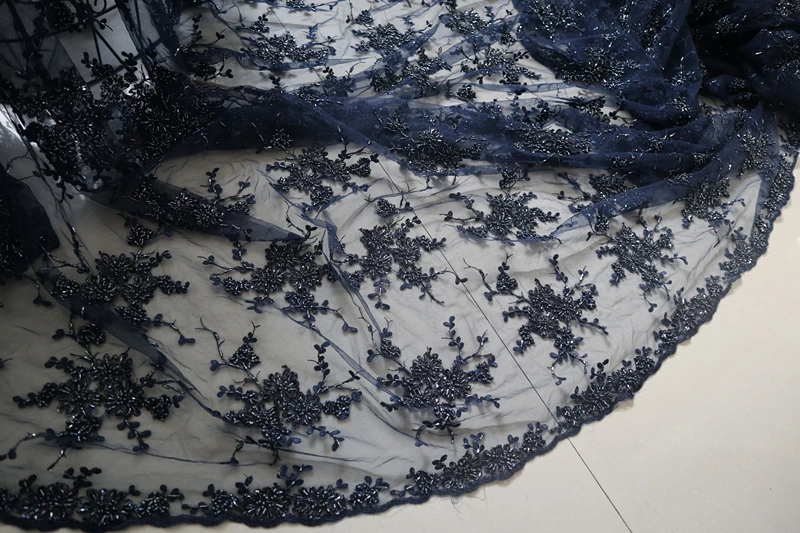 1 ярд Высококачественная темно-синяя ткань с крупным бисером синяя вышитая для