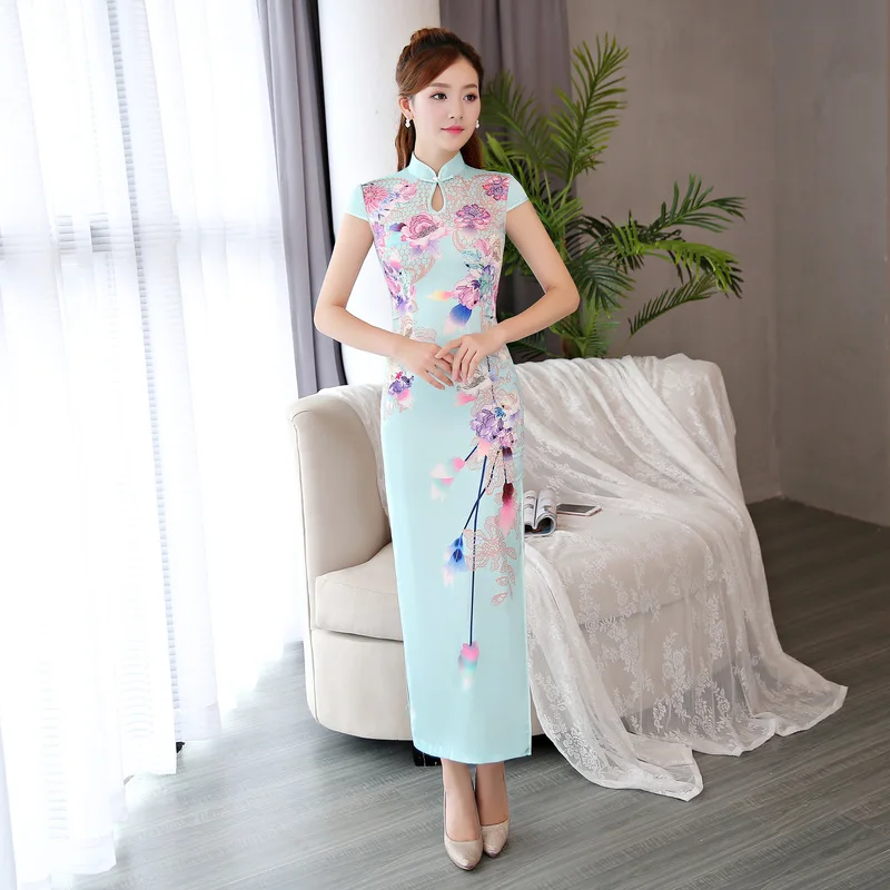 

Female Sweet Flower Print Novelty Cheongsam Elegant Mandarin Collar Long Qipao Sexy Slim Hollow Out Chinese Dress S-3XL