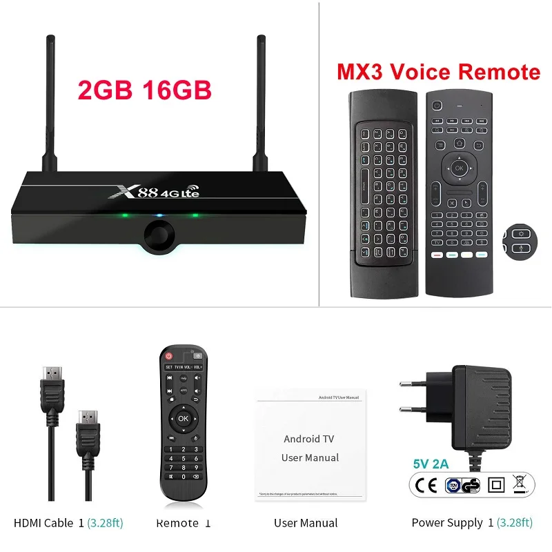 2GB16GB MX3 VO ТВ-приставка Wechip X88 4G Lte Android 9,0 поддержка 4G Nano SIM карты 2 Гб 16 Гб RK3328 2,4G& 5G двойной Wifi 4K 1080P HD 30 ТВ-приставка - Цвет: 2GB16GB MX3 VO