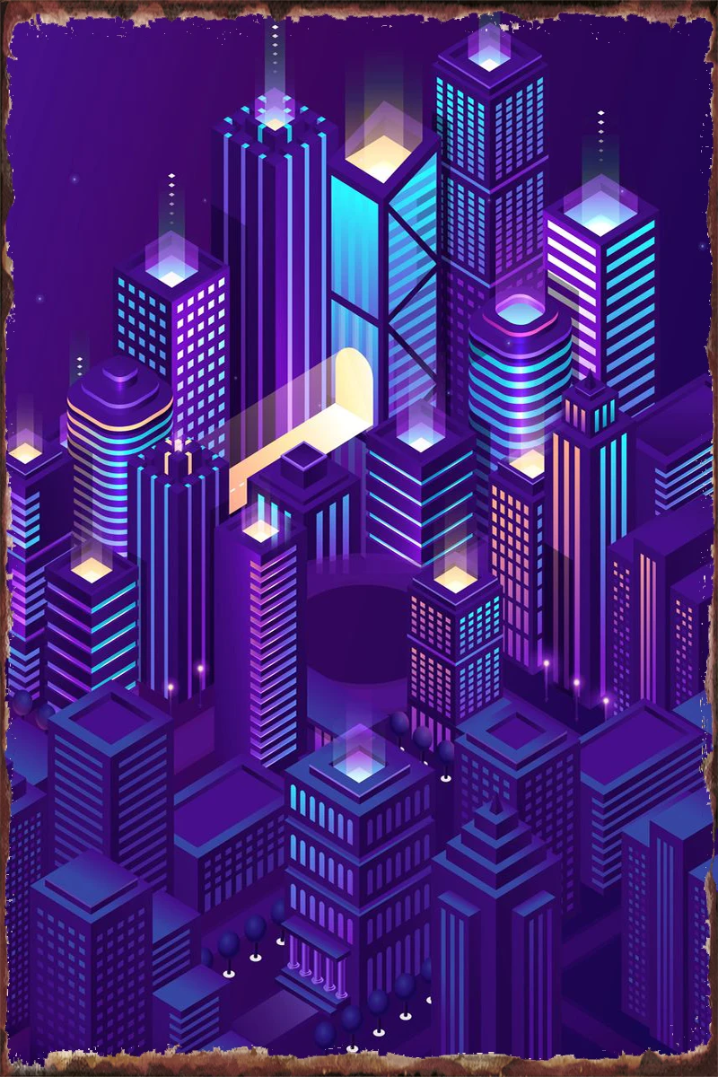 

Неоновый изометрический город, 1 комната, украшение, ретро, винтажная металлическая вывеска, жестяные пластины, Настенный декор для мужчин, ...