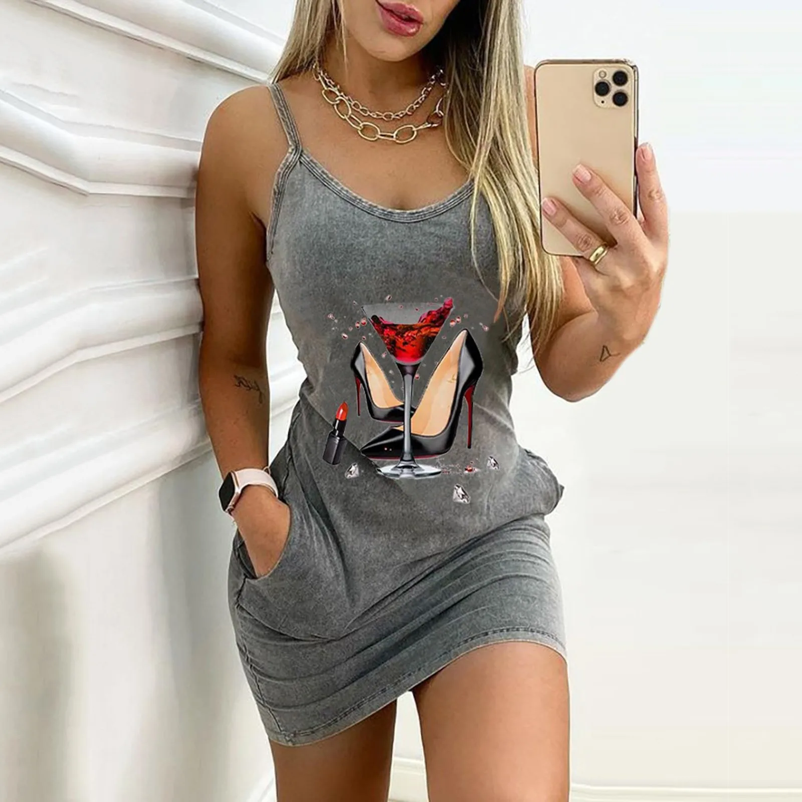 

Sexy Low Cut V-neck Printed Graphic Dress Women Summer Casual Club Party Wear Vintage Bodycon Sling Stylish Mini Dresses Female