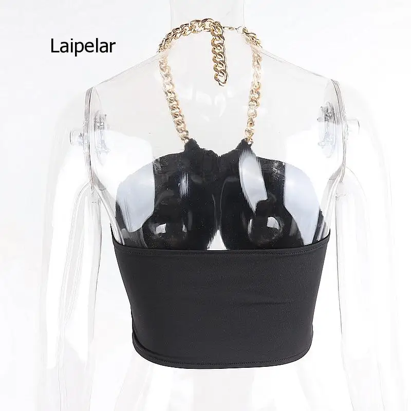 

2021 Sexy Gold Chain Decoration Hanging Neck Short Street Wear Summer Party Club Tops