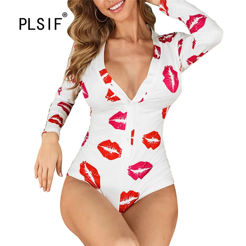 Женские комбинезоны с принтом красных губ сексуальные глубоким v образным