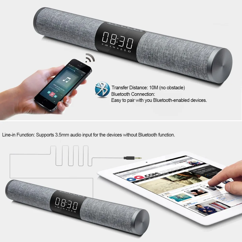 

AWEI Y46 Home TV 20W Soundbar Bluetooth Speaker Portable Wireless Subwoofer 3D Surround FM Radio MP3 MP4 Alarm Clock LCD AUX TF