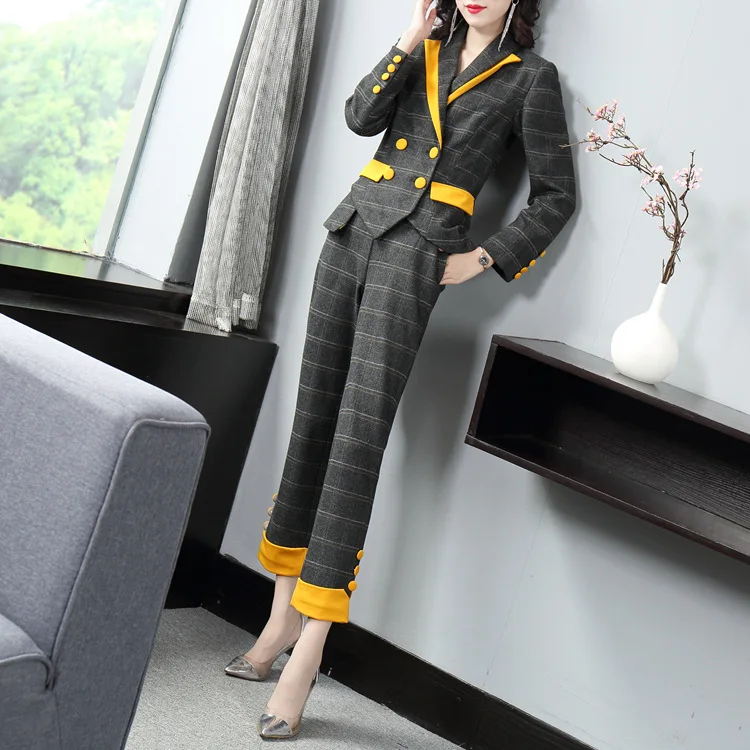 Vogue of new of autumn winters commuter plaid suit color matching collar suit collect waist feet nine minutes of pants