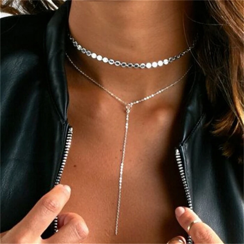

Necklace for Women Crystal 3 Layers Choker Necklace Simple Tassel Chain Collar Gothic Punk Fashion Jewelry