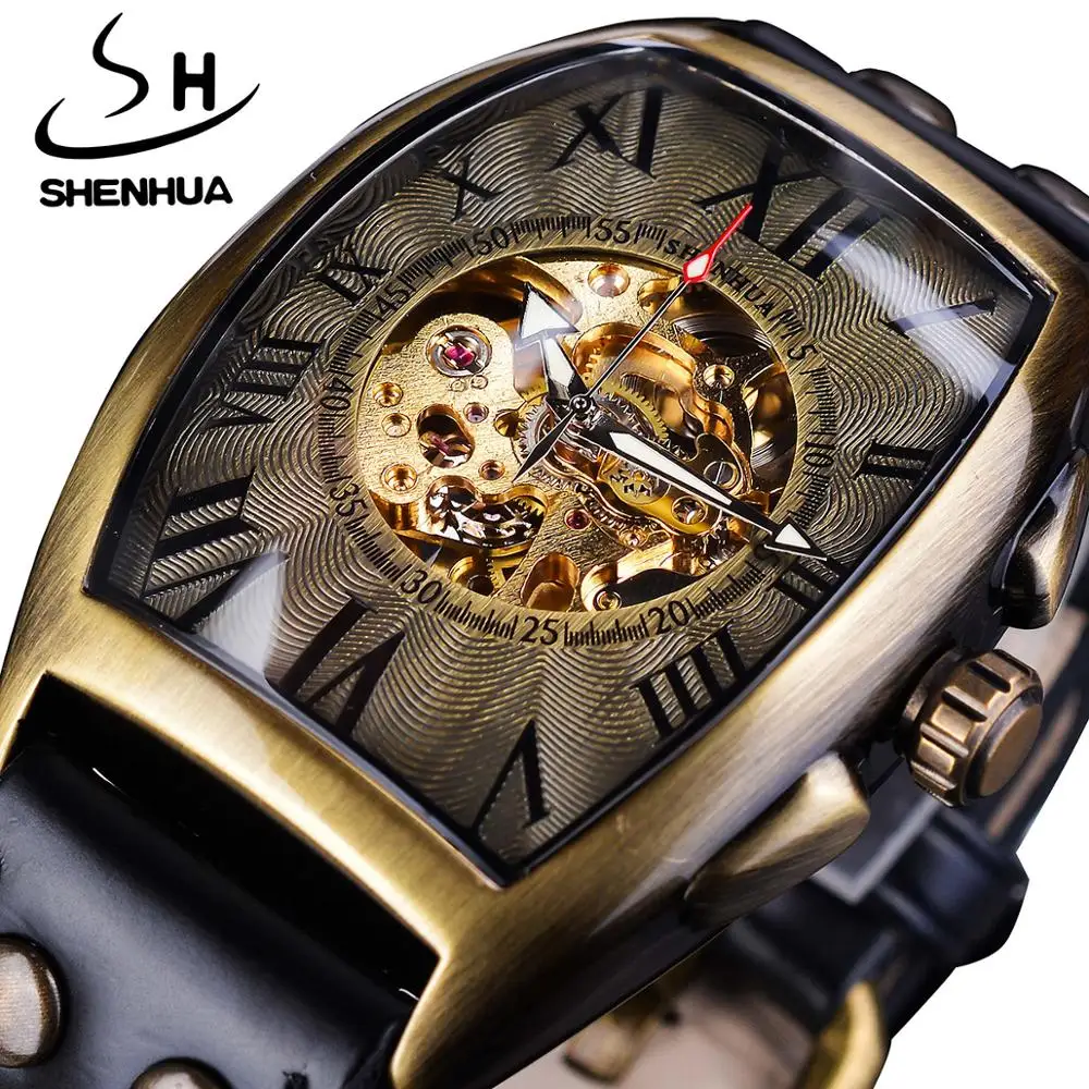 

Shenhua Skeleton Dial Design Retro Roman Analog Men Automatic Watch Black Golden Luminous Hand Leather Band Mechanical Watch