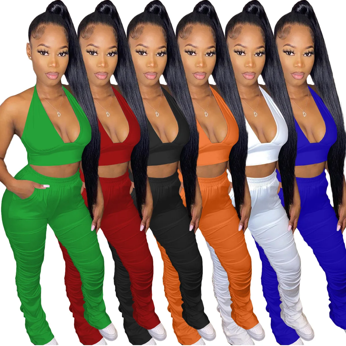 

2021 New Stacked Sweatpant Set Sling Pleated Fashion Casual Set Lounge Wear Ruched Pants Two Piece Set Jogger Streetwear Outfits