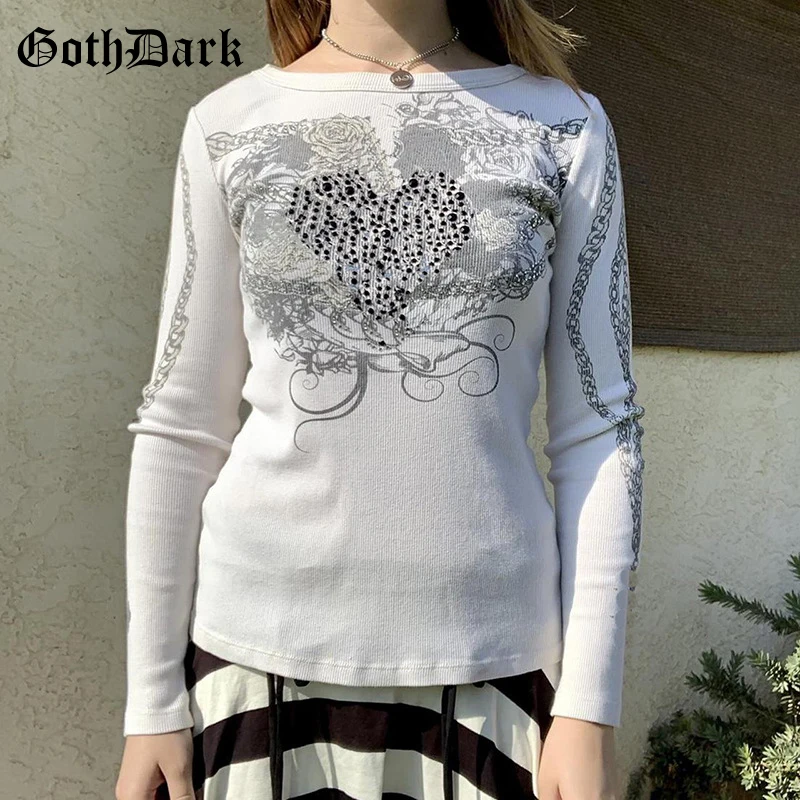 

Goth Dark Casual Gothic Fairycore Grunge White T-shirts Women Vintage Aesthetic Printed Tops Basic Long Sleeve Slim Streetwear