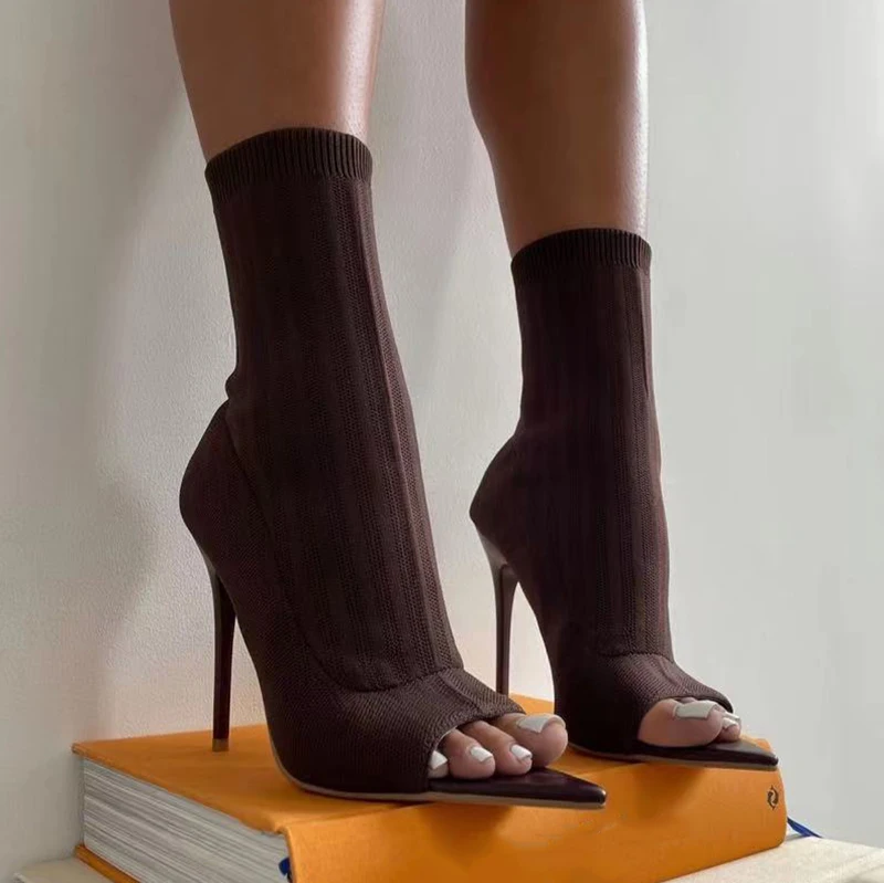 

Женские ботильоны с открытым носком, привлекательные осенние туфли-лодочки с острым носком на высоком каблуке, обувь большого размера, 2022