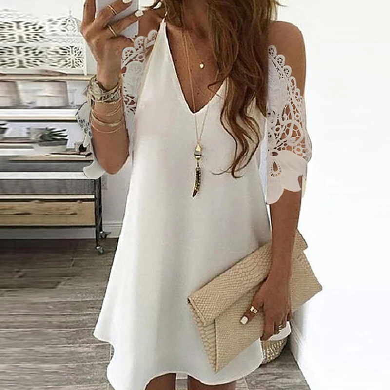 

Sexy Off Shoulder V Neck Dress Women Summer Floral Print Lace Beach Dresses Casual Short Sleeve A-Line Mini Dress Vestidos