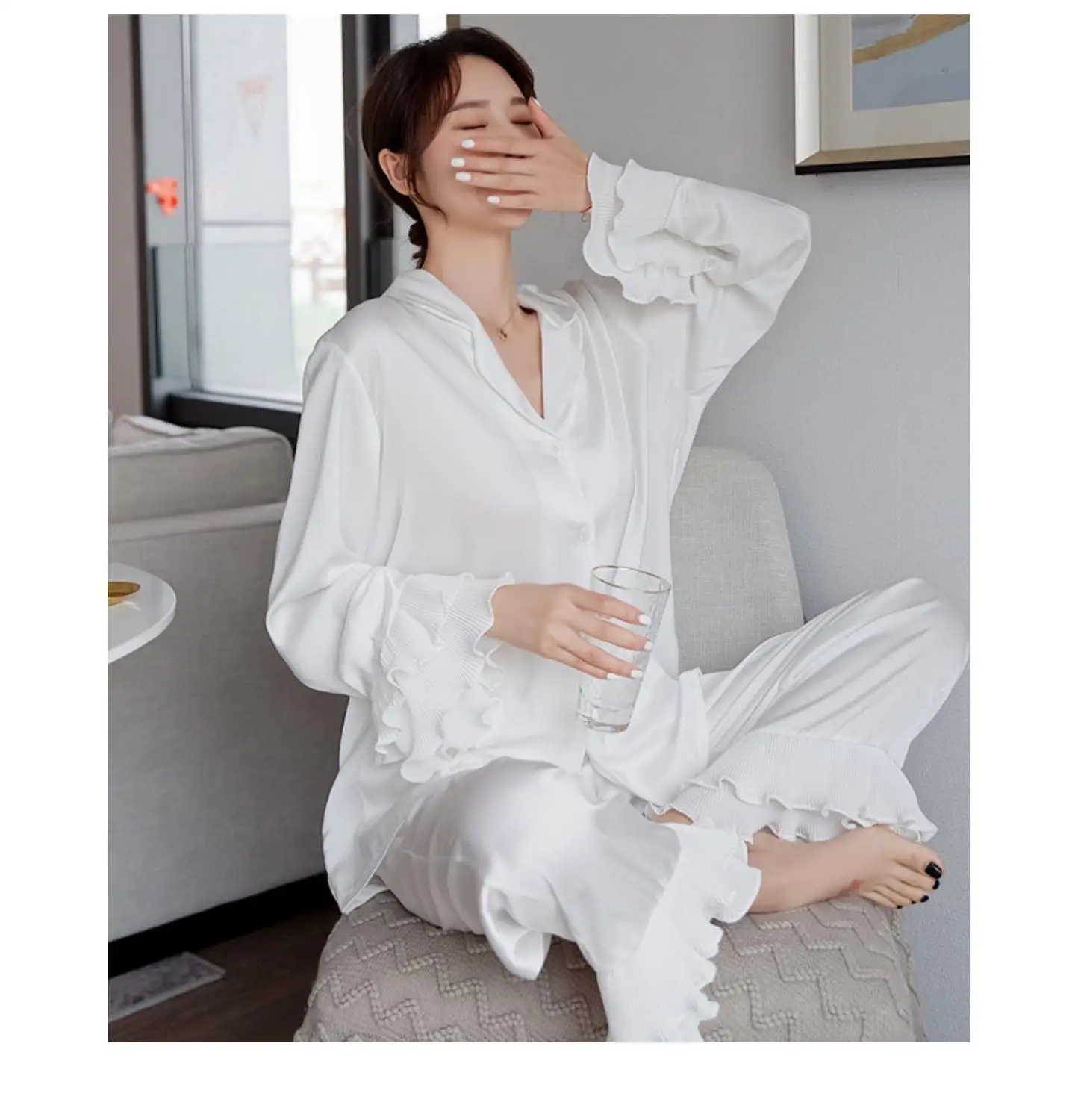 Женский Шелковый пижамный комплект Daeyard рубашка с длинным рукавом и отложным