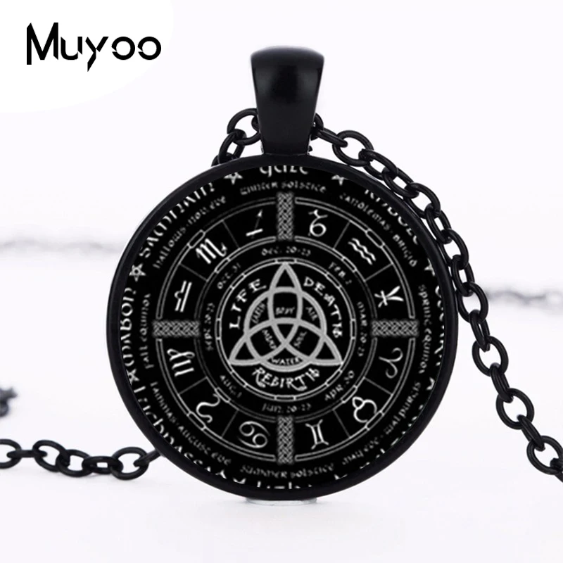 Новое языческое колесо года ожерелье с пентаграммой кулон Круглый Фото Wiccan ювелирные изделия стекло кабошон ожерелье звено цепи HZ1