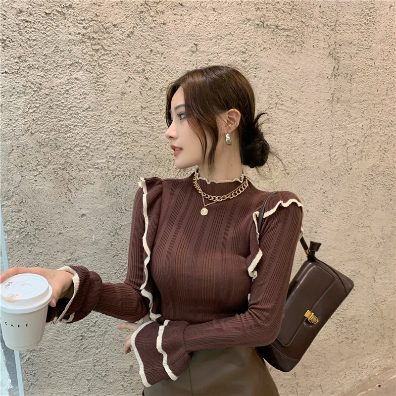 Облегающие пуловеры с оборками женские свитера расклешенными рукавами модные