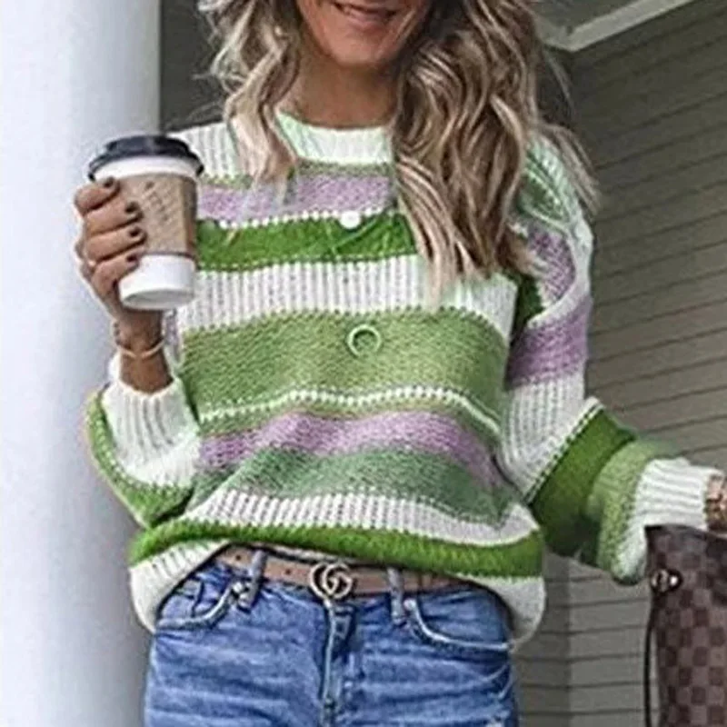 

Women Casual Striped Patchwork Knitted Sweater Autumn Round Neck Long Sleeve Pullover Top Streetwear Loose Female Retro Sweaters