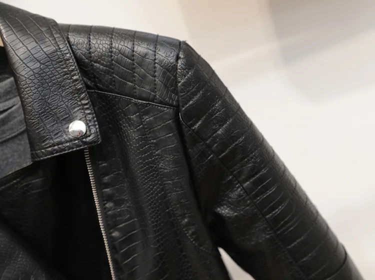 Faux Leather Jacket Women Detachable Hem 2021 Sping AutumnNew Short Locomotive Crocodile Skin Texture Biker Coat enlarge