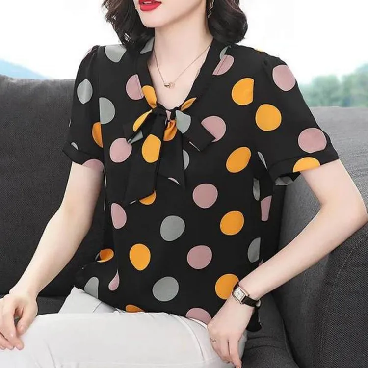 

Chiffon Loose Plus Size Women's Blouses New Casual Blouse Fashion Short Sleeve Top Polka Dot Bow Tie Pullover Shirt Summer 30063