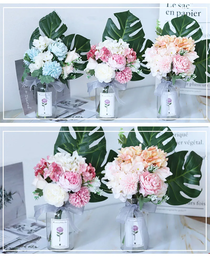 Свадебный букет YO CHO искусственные цветы шелковые розы розовые помпоны гортензии