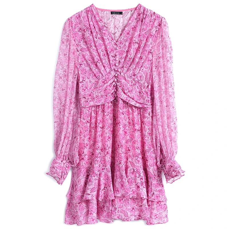 

Button Lantern Sleeve Pleated High Waist Ruffled Silk Floral V-Neck Mini Dress Female Spring Summer Beach Party Clothing Women