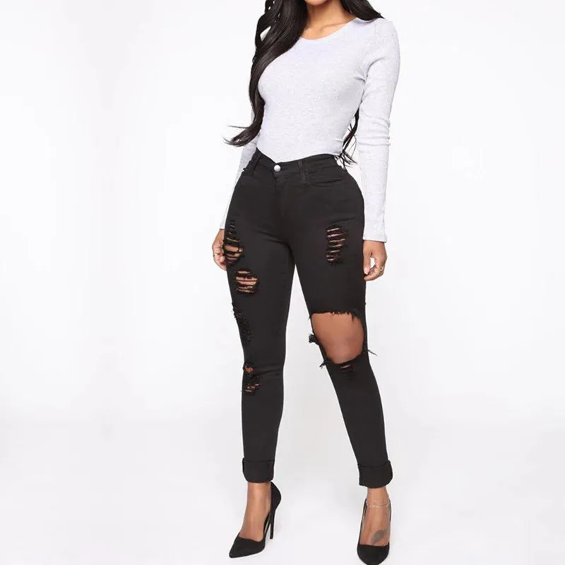 

New 2021 High Waist Stretch Denim Femme Knee Ripped Jeans For Woman Plus Size Casual Pencil Mom Jeans Skinny Jeans Woman