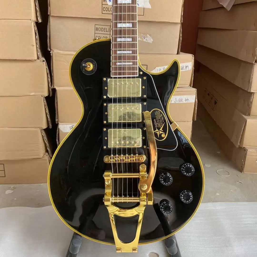 Custom Electric Guitar Yellow Binding Black Color Golden Hardware Mahogany  Body Rosewood Fingerboard Free Shipping