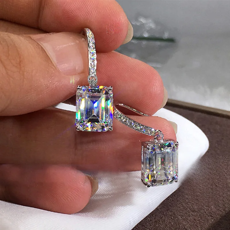 

Huitan Classic 4 Claws Square Shape Women Drop Earring with Small Hoop Ladies Earring Shine Cubic Zirconia High Quality Jewelry