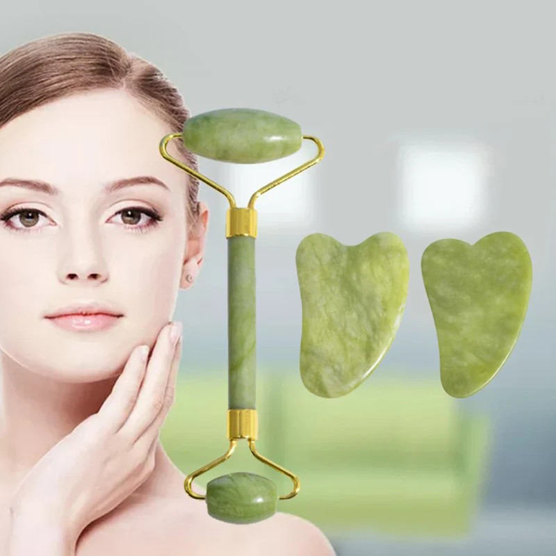 1 set Jade Stone Facial Massage Roller For Face Care Natural Massager Green Guasha Scraper Set Thin Lift Beauty Slimming Tools