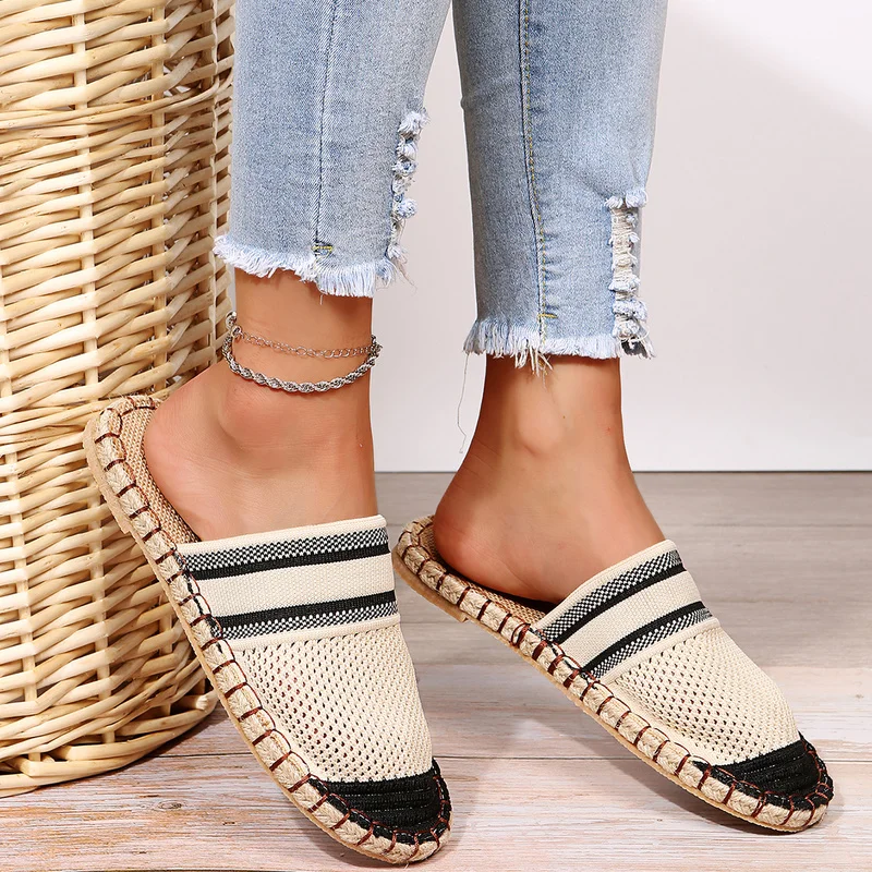 

Summer Shoes Women Flat Slippers Cool Slides Mesh Straw Weave Slides Outside Slippers Beach Flip Flop Breathable Hollow Sandals