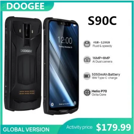 

DOOGEE S90C 6.18 inch IP68/IP69K Waterproof Smartphone Helio P70 Octa Core 4GB+128GB Cellphone 5050mAh NFC Android Mobile Phone