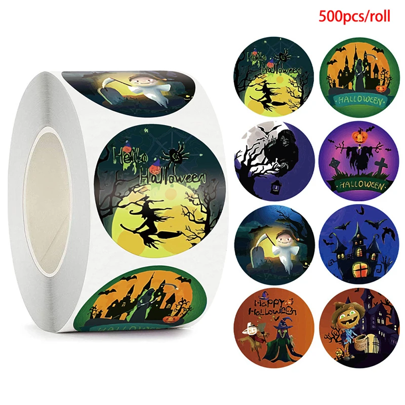 

500pcs/roll Candy Bag Sticker Halloween Witch Round Stickers Envelope Sealing Labels