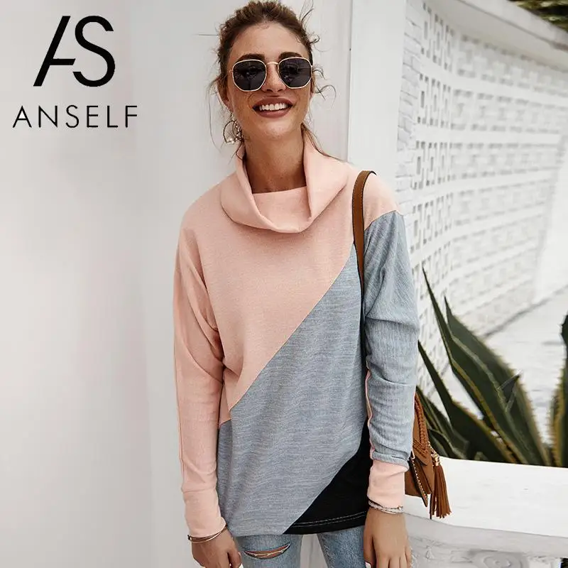 Женская водолазка с длинным рукавом свободная Модная туника контрастными