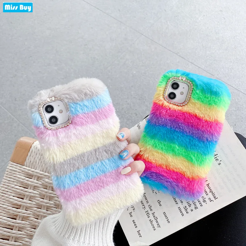 

Warm Fluffy Rainbow Case for IPhone 13 12 11 Pro Max X XR XS 7 8 Plus 6 6S 5 5S SE 2020 12 Mini Coque Soft Faux Fur Cover Fundas
